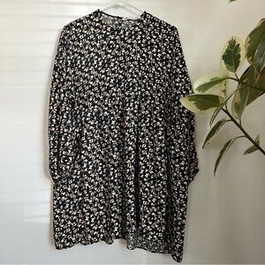 Zara Black Cream Yellow Floral Print Mini Babydoll Flounce Smock Dress S